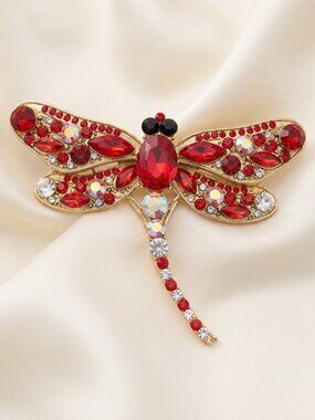 Dragonfly Red Rhinestone  Brooch Large Modern Gold Tone Insect Pin Statement Jew